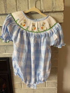 Light Blue Gingham Baby One-Piece Bodysuit with Bunny Smocking